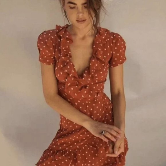 Realisation Par 100% Silk Brown Polka Dot Ruffle Wrap Dress Size XS Valentina - Picture 2 of 11